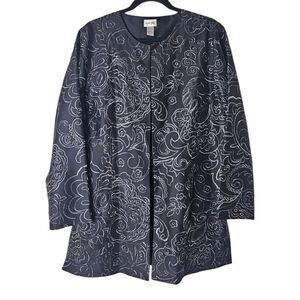 Chicos Large Black Silk Jacket Silver Embroidered Metallic Evening Wedding Guest